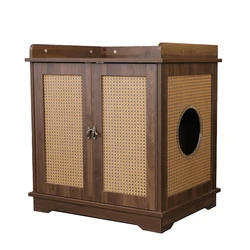 Customized Hoopet Luxury Wood Rattan Cabinets Cat Condo House Furniture With Hole