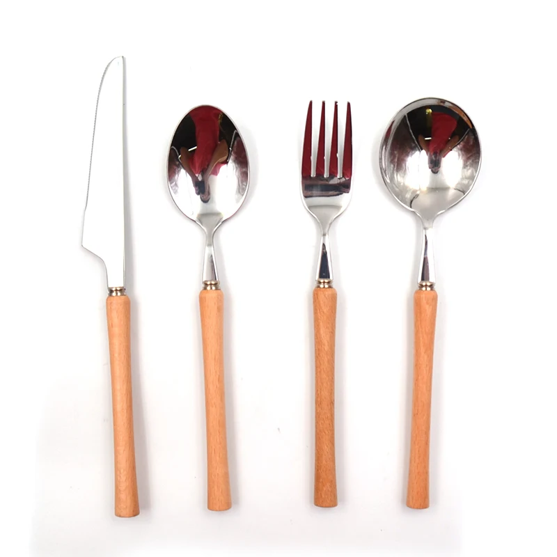 Minimal wind small waist wooden handle stainless steel tableware Spoon fork knife beech handle household