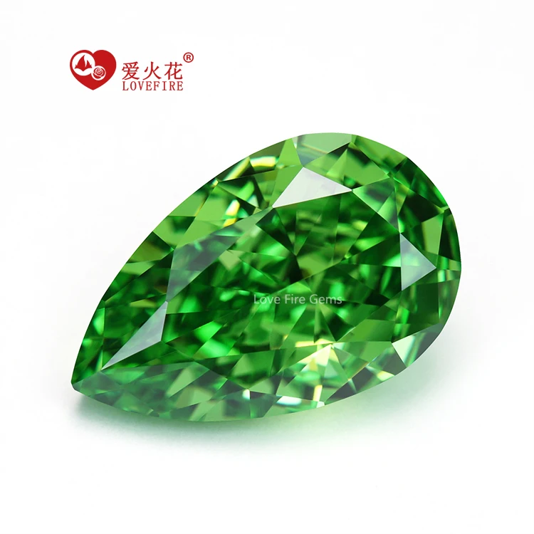 love fire gems wholesale 5A+ grade 4k crushed ice cut pear shape grass green synthetic cz gems cubic zircon