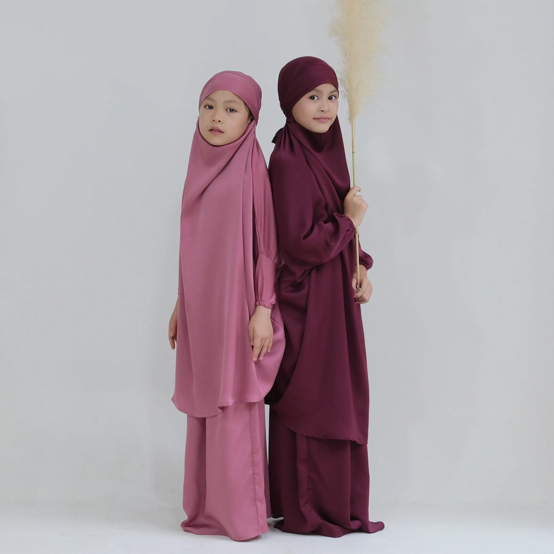 New Arrival Kids Two pieces Muslim Prayer Dress Abaya Set Long Hijab Abaya Islamic Clothing