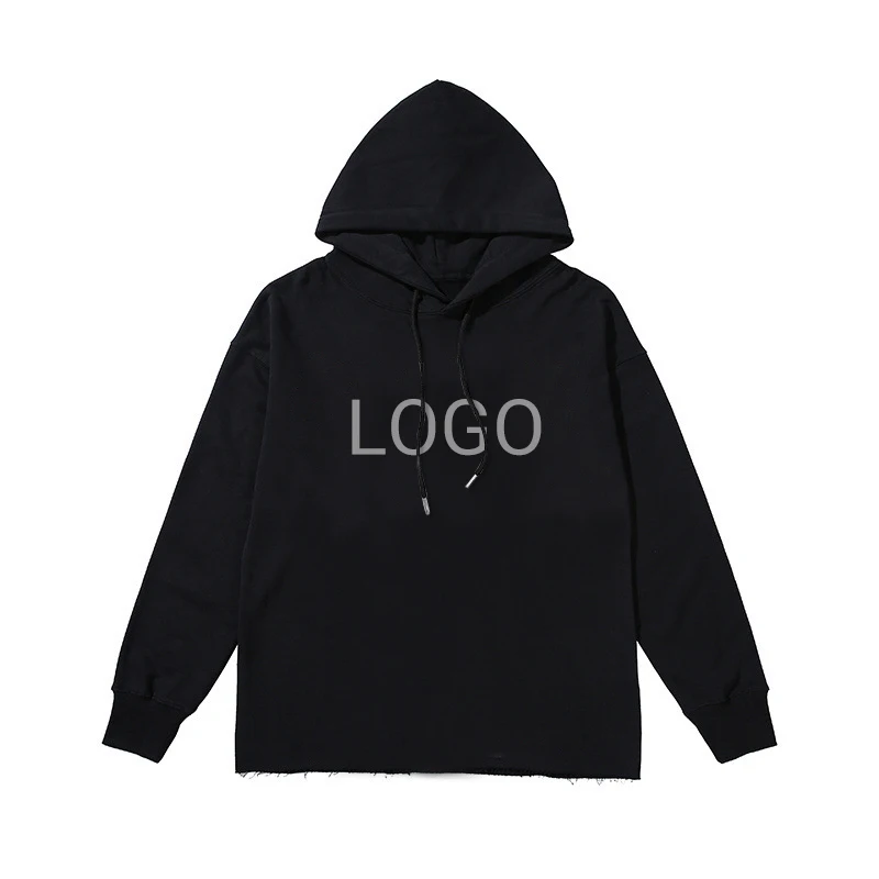 Streetwear Oversized No Strings Print Sweatshirts Cotton Cut Edges Raw Hem Hoodie Men Blank Plain Oversized Hoodies