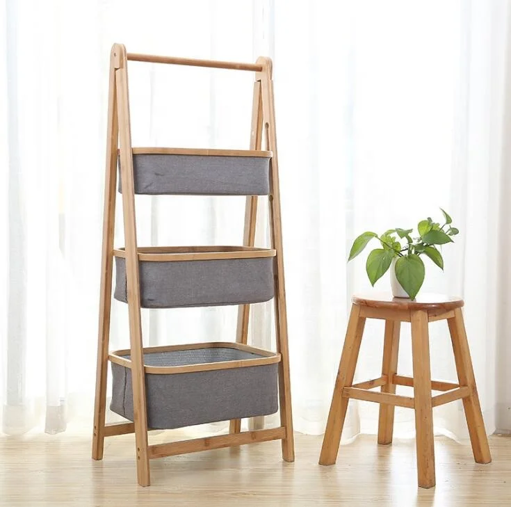 European modern 3 Tier Stand Bamboo wood frame shelf kitchen foldable fabric basket storage