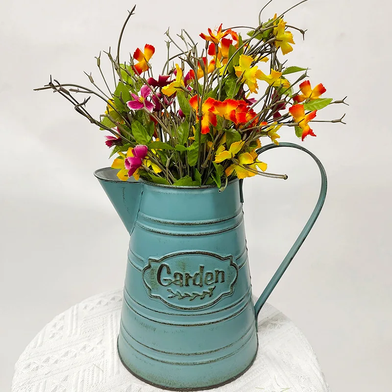 Blue Cast Iron Planter Kettle Type Metal Planter Urn Cast Iron Flower Plant Pot Bonsai Flower Arrangement Ornaments Flower Pot