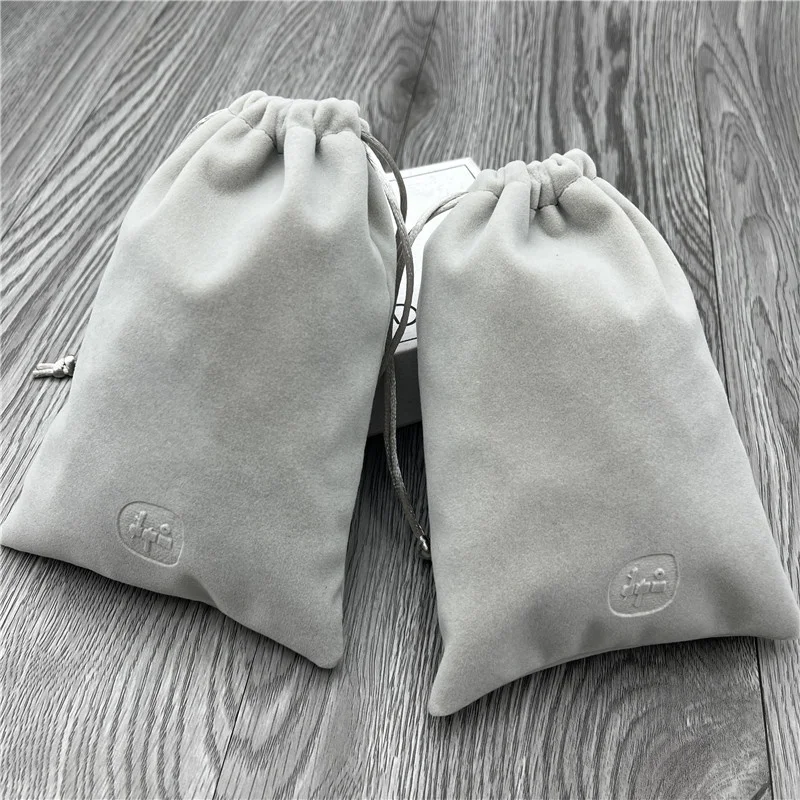 Wholesale luxury grey velvet drawstring jewelry bag with embossed logo for watch/eyewear