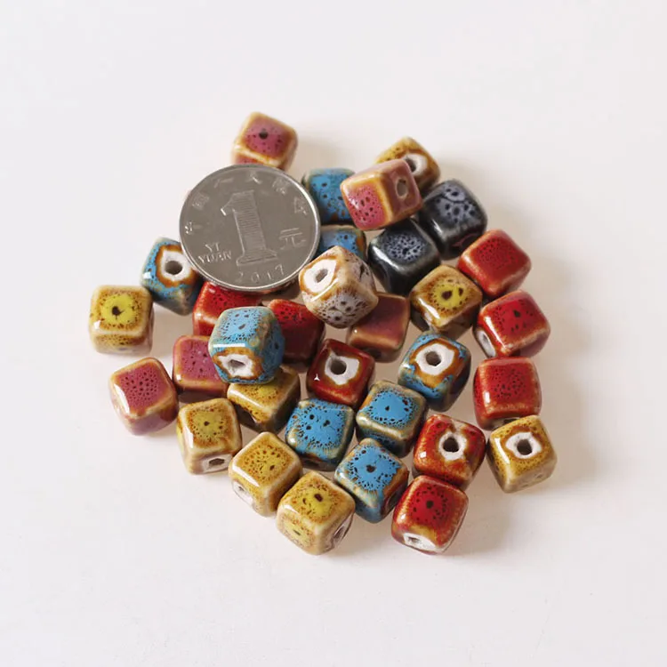 CC1822 Vintage Square Ceramic Beads, Handmade Pottery, Porcelain Beads for Jewellery Making