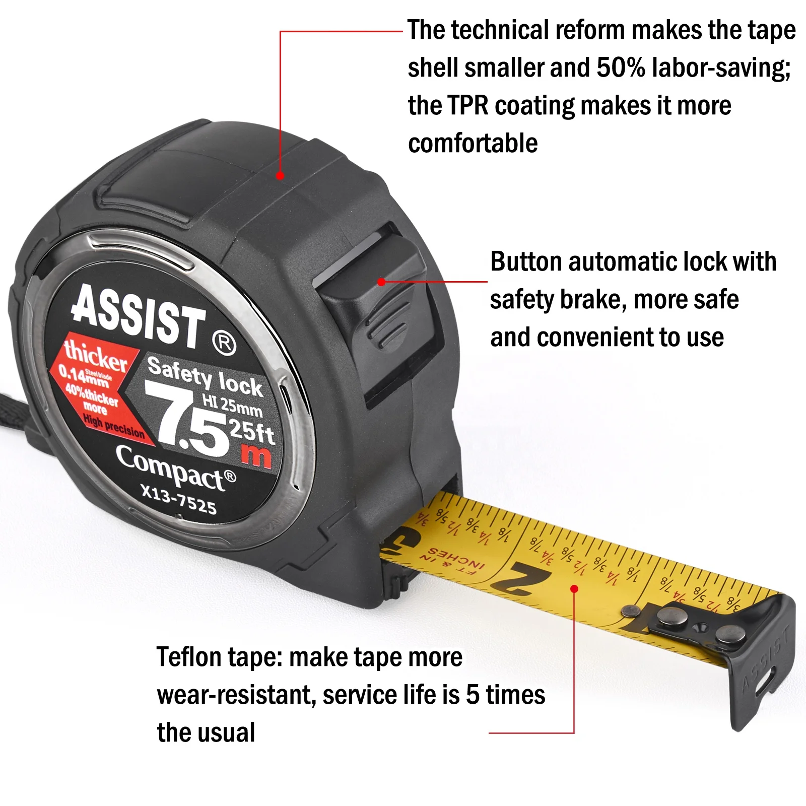 ASSIST Co-Molded Compact Case 120cm Solid Film Safety Self-Lock Original Blade Thickness 0.14MM Metric Measuring Tape ABS