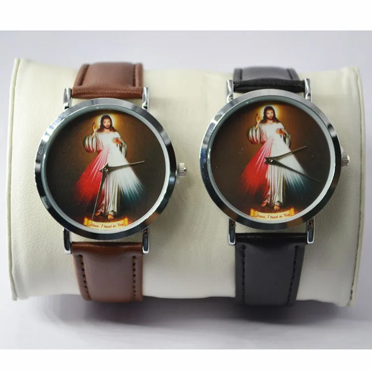 Stock Cheap Alloy Silver Case Leather Strap Quartz Movement Jesus Mens Fashion Watch