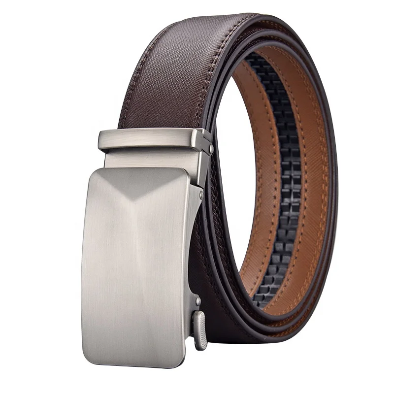 Business Men Belts Automatic Buckle Cow Hide Belts Embossed Logo Leather Belt Men with Laser logo