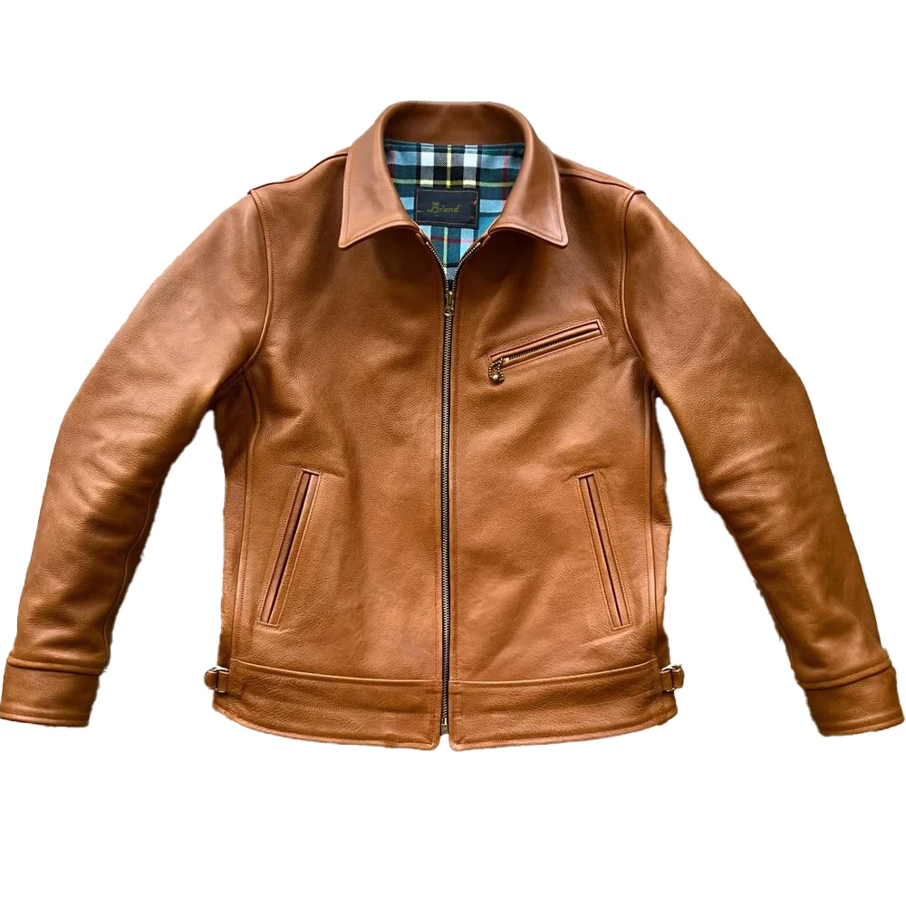 Not Real Leather Zipper Brown Men Biker Jacket with Cotton Lining OEM Customize Tag Pu Leather Coat