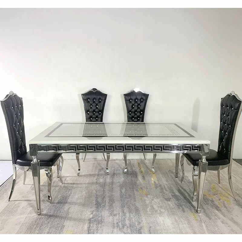 A1801  Italian modern  luxurious white marble chromed stainless steel  dining table and chair set home furniture
