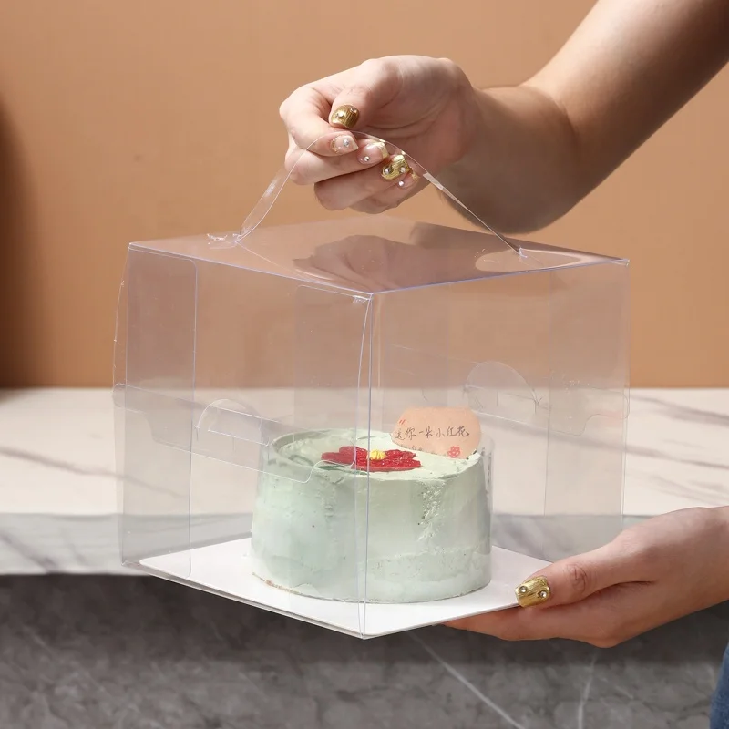 Transparent PET Cake Box 4 /5 Inch Square Plastic  mini Cake Packaging Box with handle
