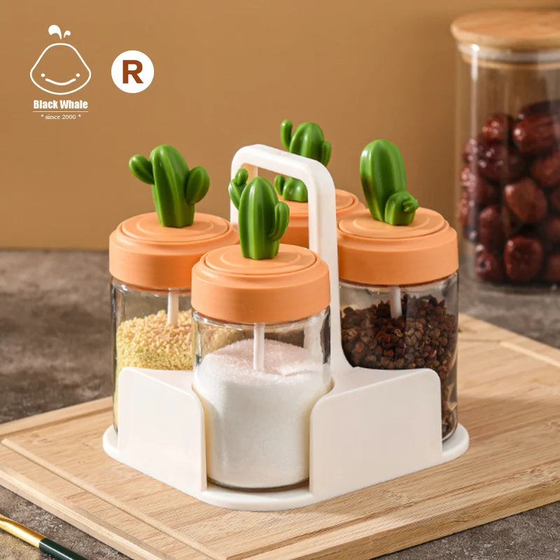 Take away 4 in 1 Sugar salt jar set for Kitchen cooking Glass Spice Jars set with base and spoon Seasoning Box Spice Containers
