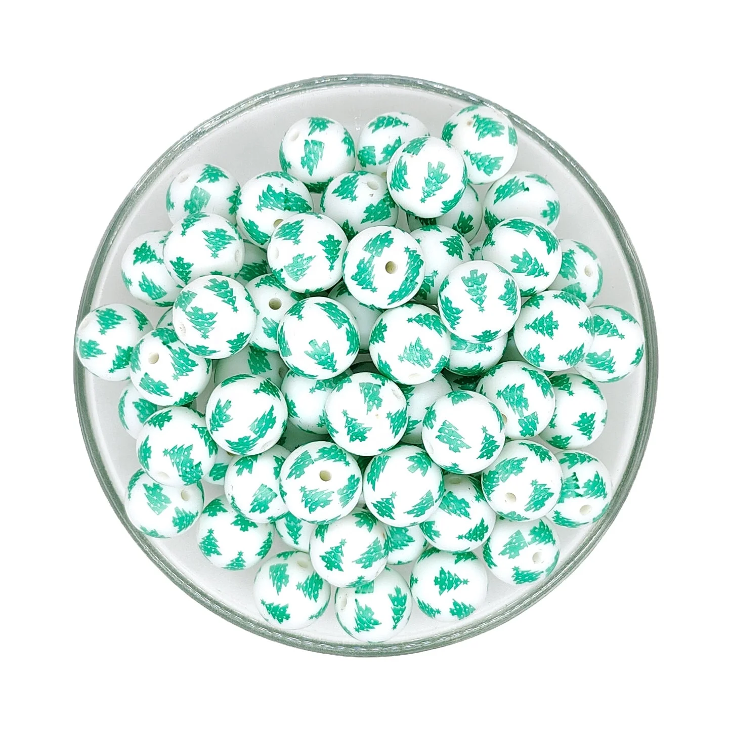 15mm Red Green Christmas Tree Print Round Silicone Beads For Diy Craft Holiday Jewelry Making