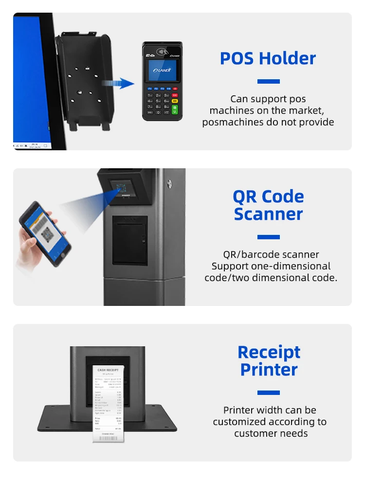 Beautiful horizontal screen qr barcode scanner led light display built-in receipt printer payment and queuing kiosk