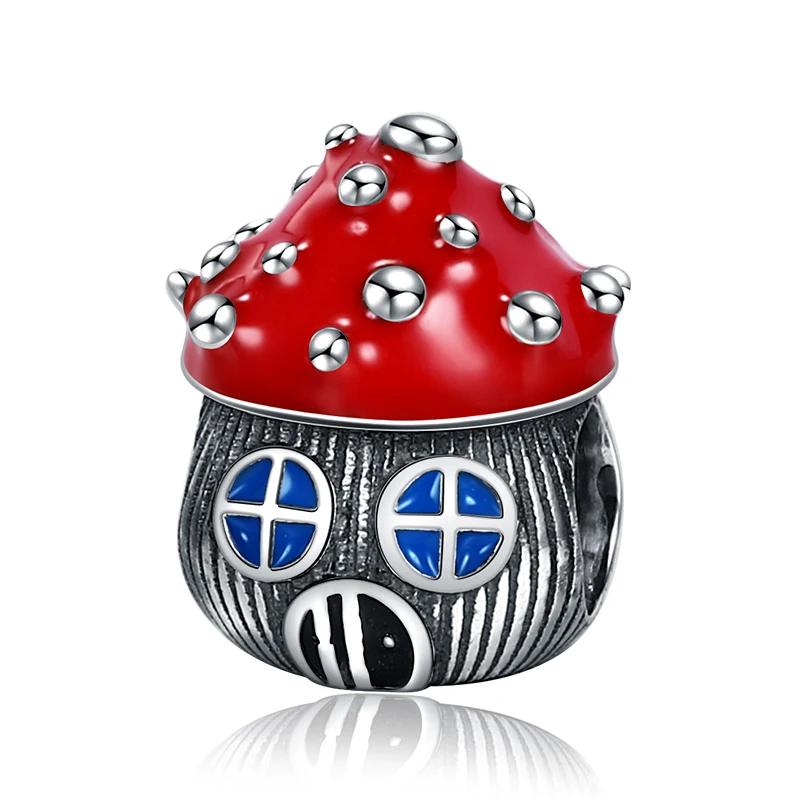 
925 Sterling Silver Fashion Red Enamel Mushroom House Bead Charm for Women Fit Bracelet Jewelry Gift 