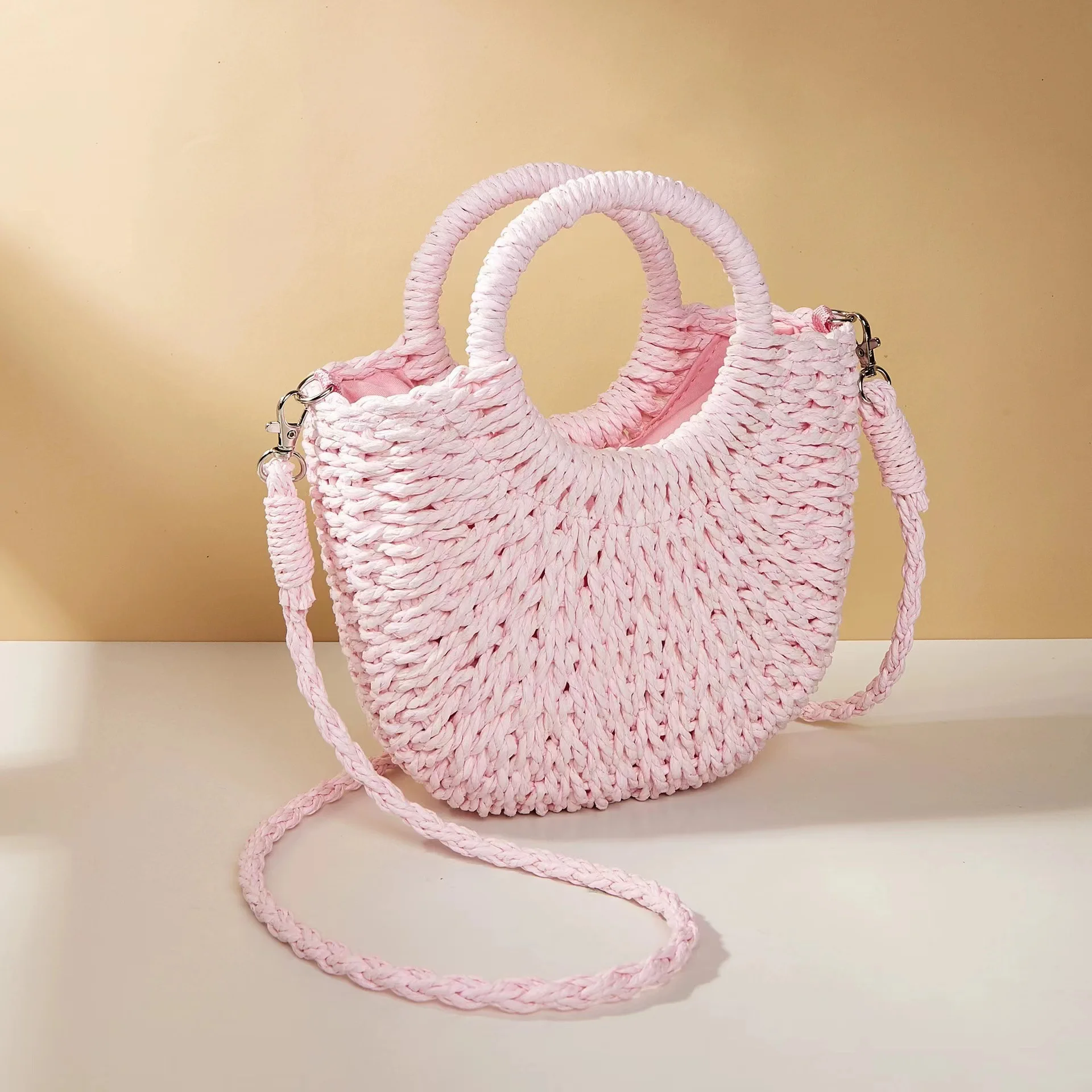 Multi-color Mini Semi-circle Hand-woven Women Summer Retro Beach Tote Shoulder  Straw Bag Crossbody Travel Beach