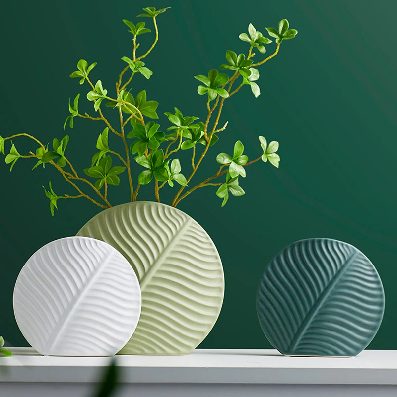 Nordic Ceramic Leaf Vase Living Room Decorations Flower Arrangement Vase Desktop Creativity Green Leaves Floral Ornaments