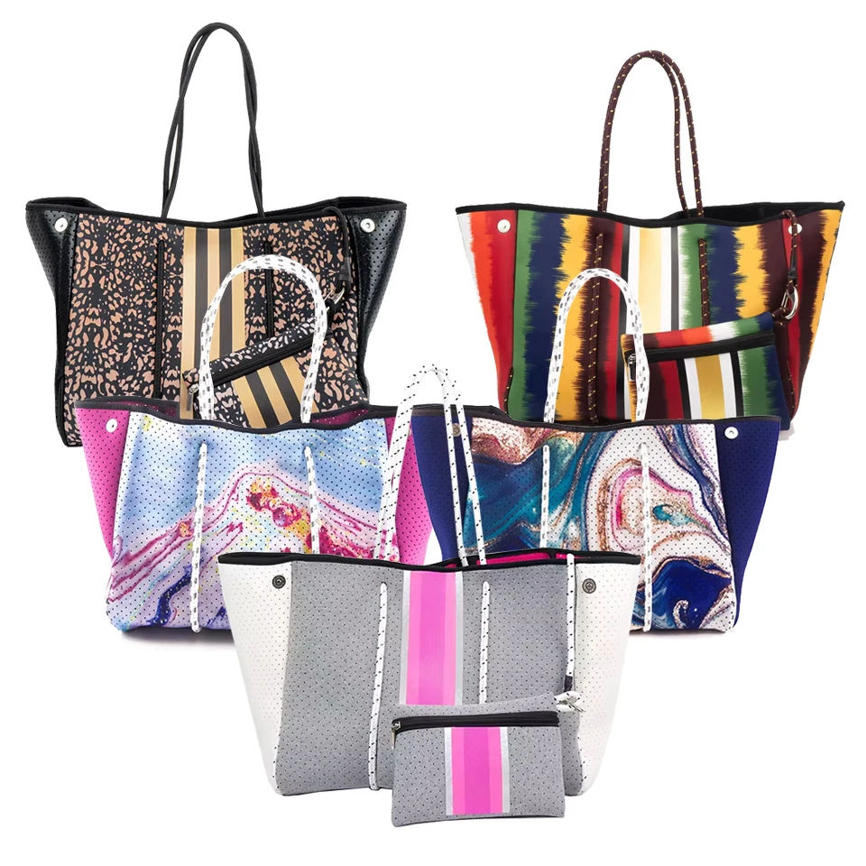 Wholesale Handbag Bolso Beach Bags Tote Summer Customize OEM Handbag Perforated Neoprene Tote Travel Bag With Inner Small Pouch