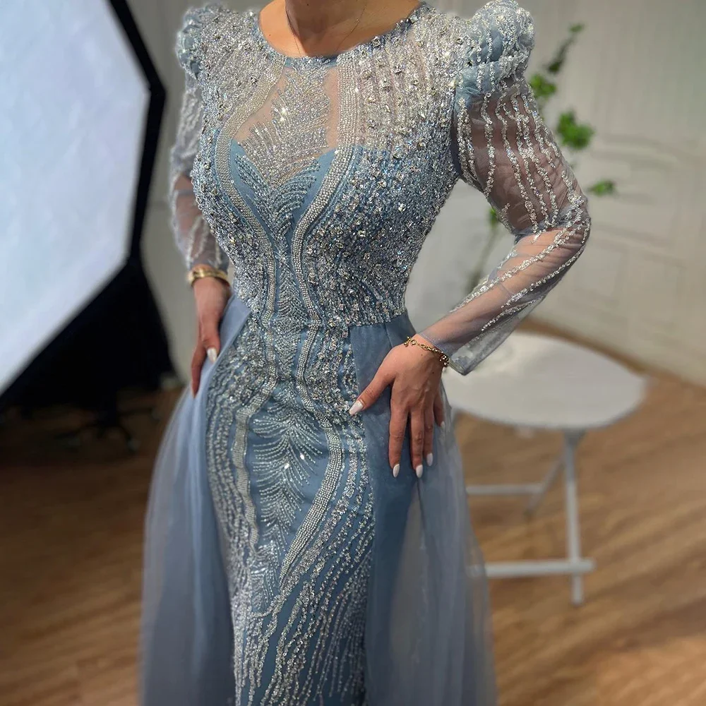 Serene Hill Muslim Blue Mermaid Over Skirt Evening Dresses Beads  Prom Formal Gowns 2024 For  Party LA72030 Customized