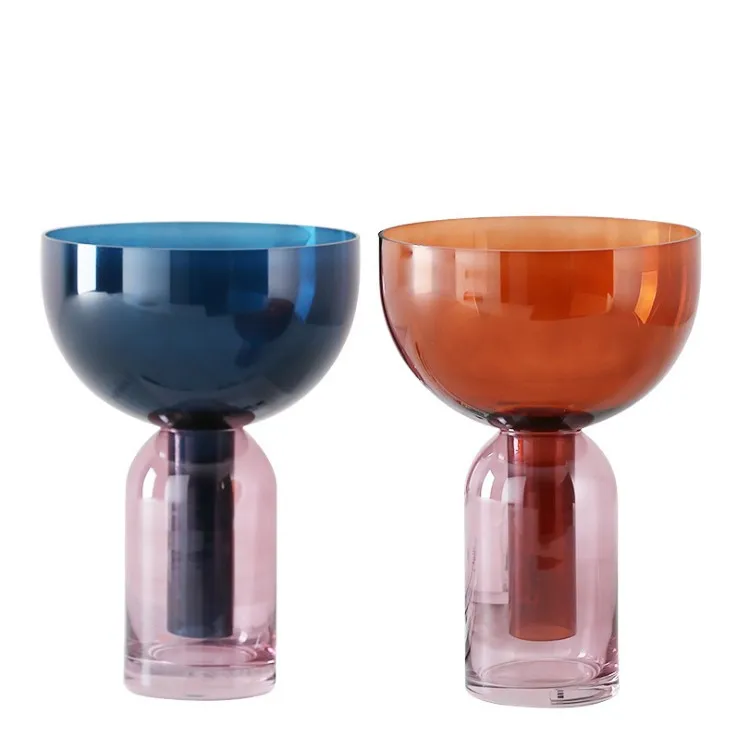 Nordic Style Hand Blown Pink Amber Blue Funnel Shaped  Glass Flower Vase for Dried and Fresh Flower Arrangement Home Decor