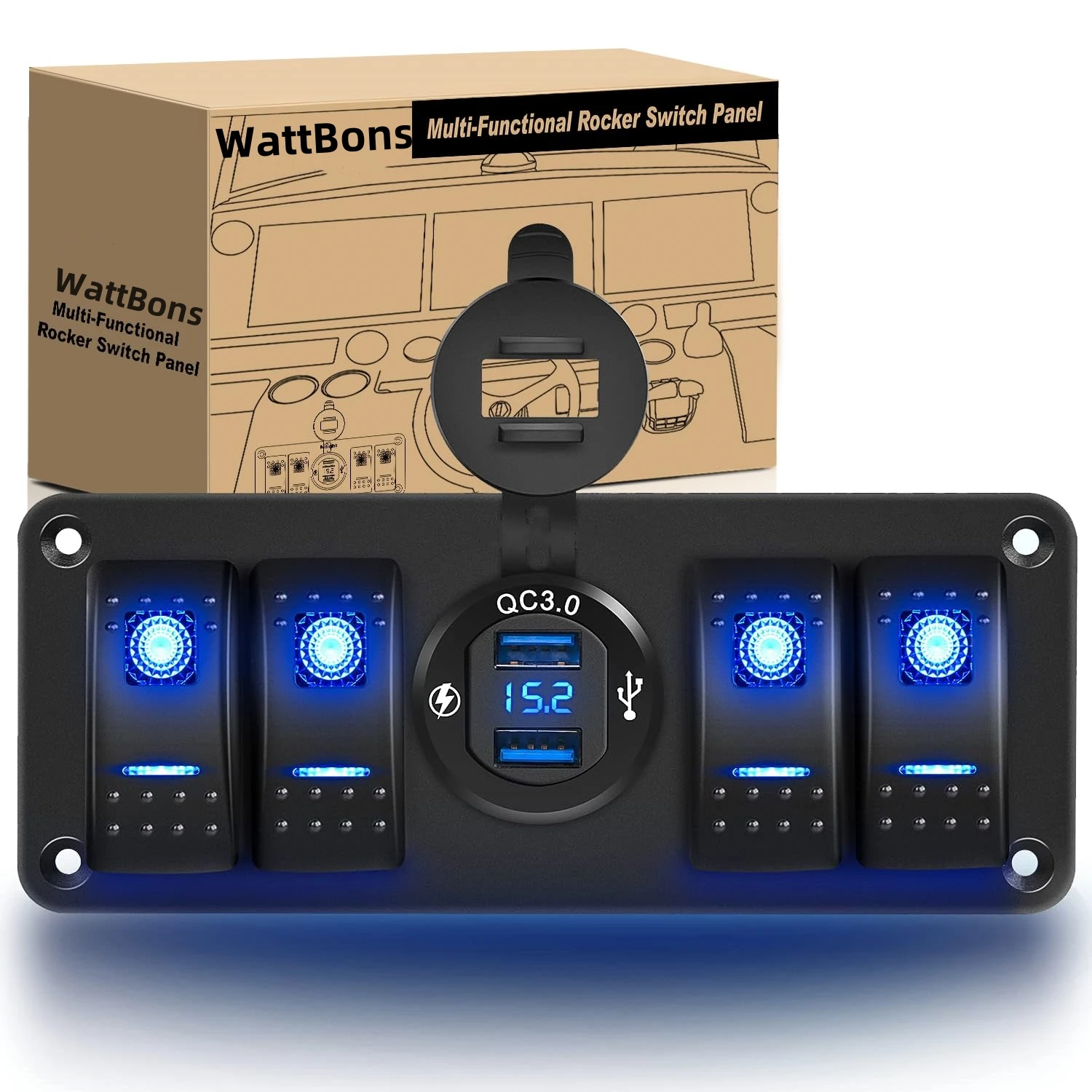 4 Gang Switch Panel with Voltmeter Dual USB Car Socket DC 12V 24V Rocker Switch Panel Waterproof for Marine Boat Jeep Truck RV