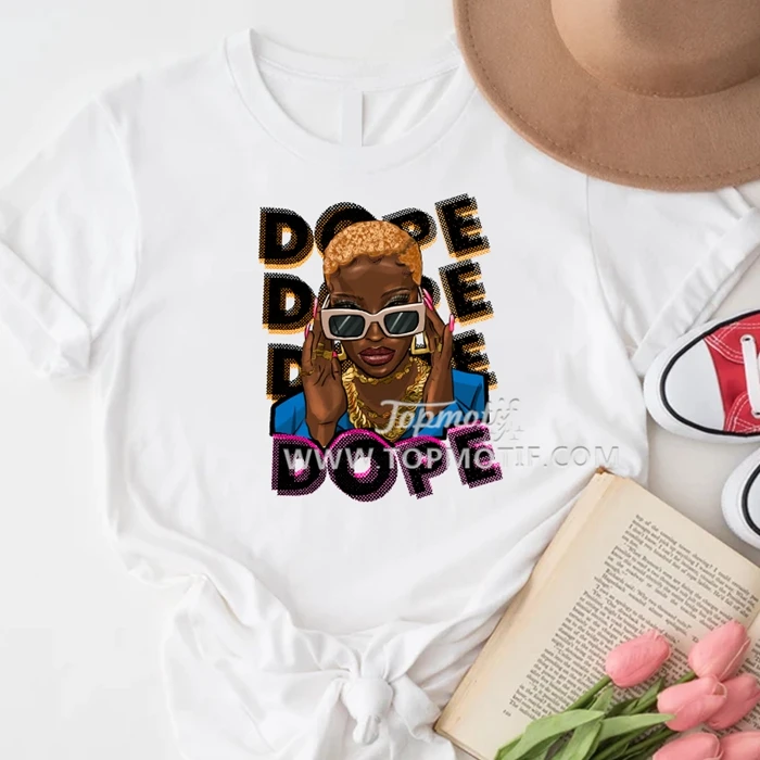 Dope Girl Gold Curly Hair Gold Sunglasses DTF Transfer Printing Garment Heat Sticker Applique Ready To Press Free Shipping