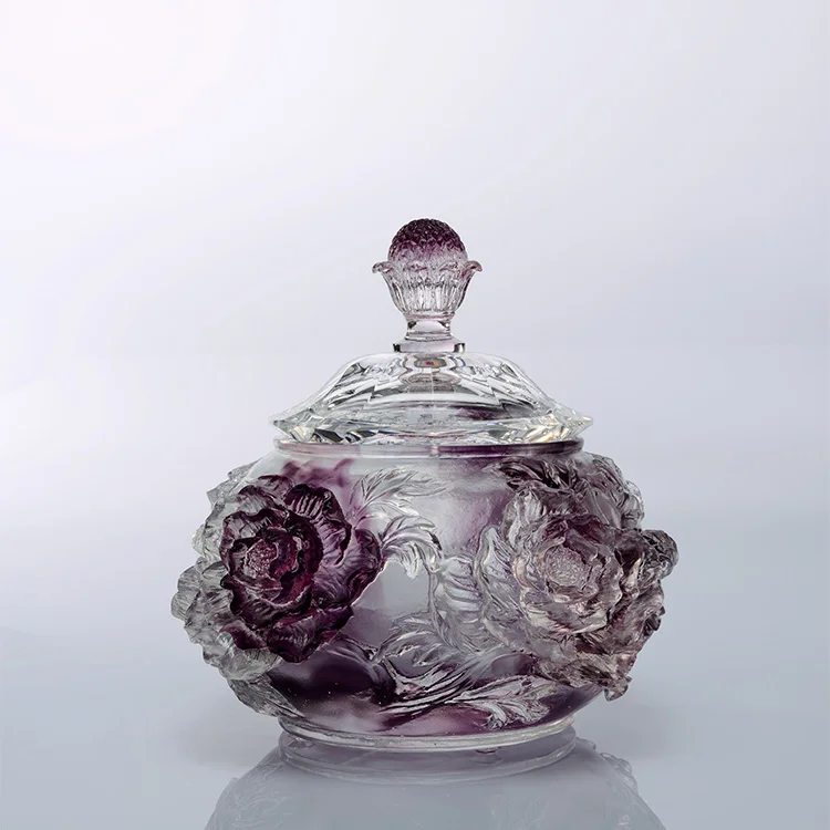 Unique beautiful Flower pattern Liuli Crystal Glass Candy Jar With Lid for home wedding decoration