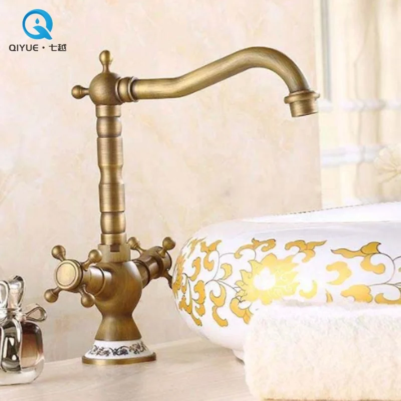 Good prices double lever deck mounted antique brass bathroom basin mixer faucet tap