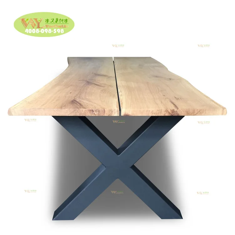 300cm Trapezoidal 2-pc Plank Board Industrial Oak Dining Table With Black X Iron Legs