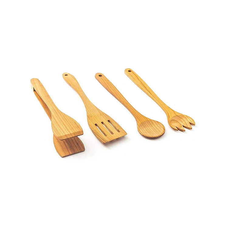 Kitchen cooking cherry wood nonstick cookware 4 pcs in 1 set wooden cooking utensils set