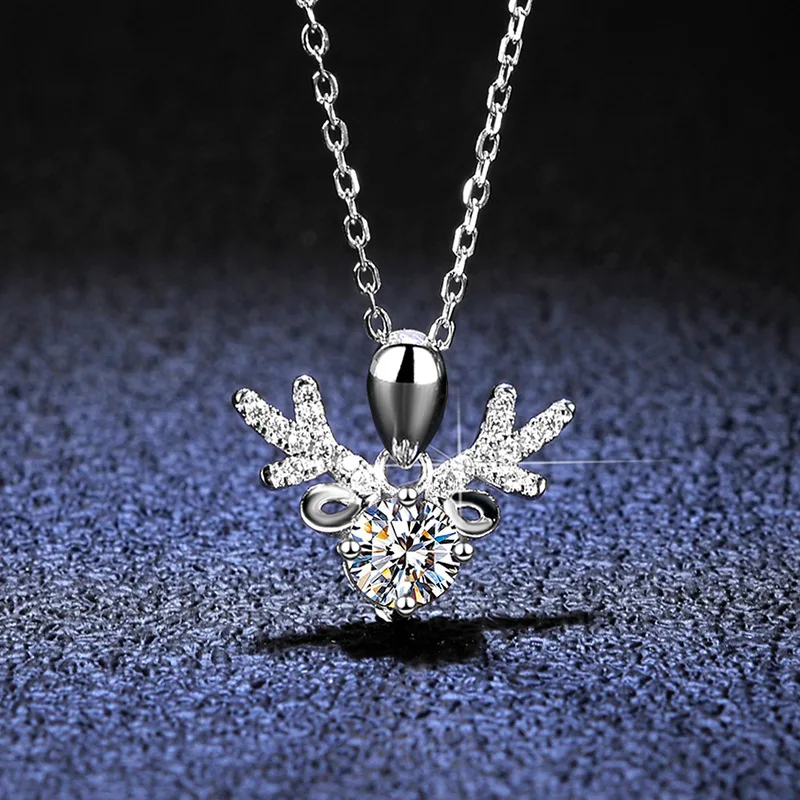 Hoyon S925 Sterling Silver  50 points moissanite diamond necklace silver pendant  antlers elk pendant  with GRA and box