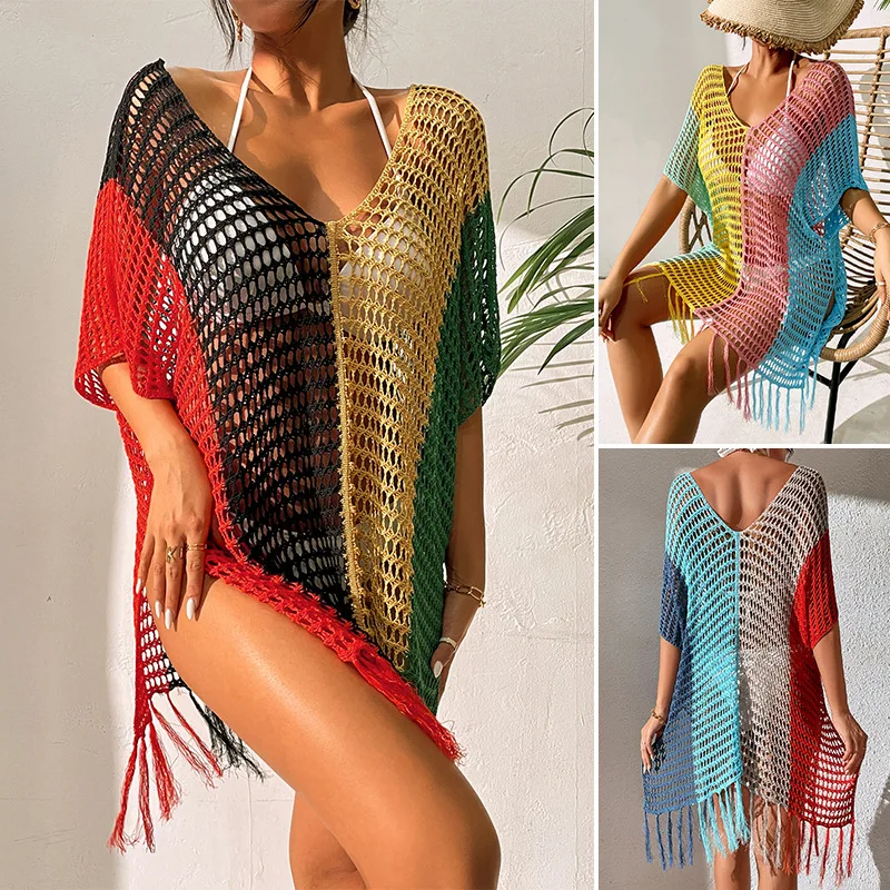 Slight Stretch Women Swimsuit Cover up Colorful Sun Protection Beach Bathing Suit Bikini 100% Polyester Knitting Bikinis Adults