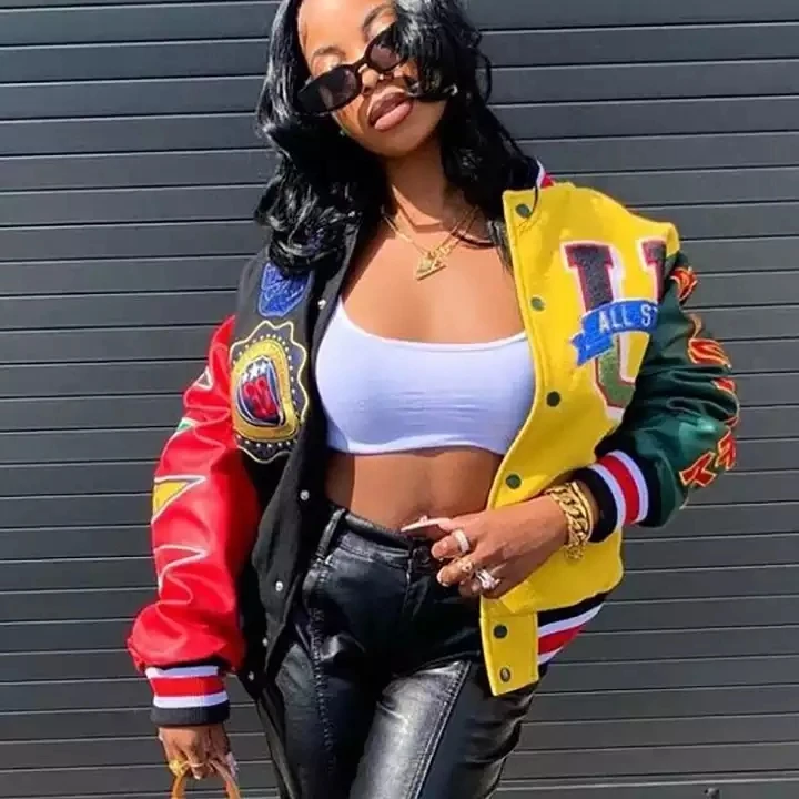 Winter Wool Hip Hop Custom Embroidery Leather Sleeves Letterman Cropped Bomber Varsity Jacket Women