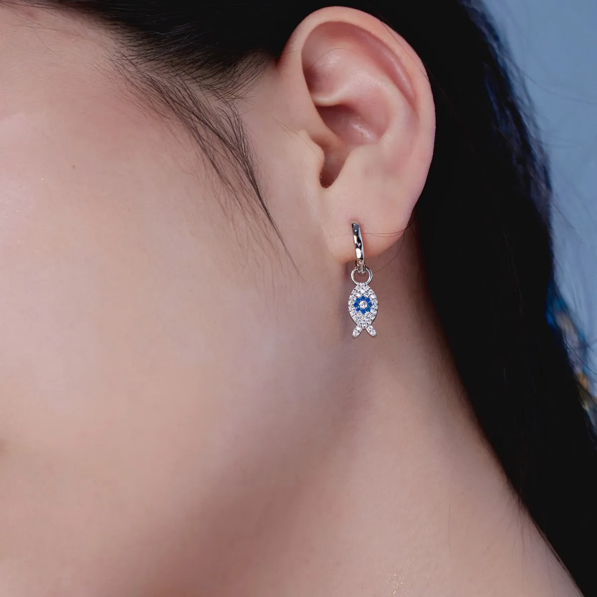 Dylam Turkish Sapphire Cz Cubic Zircon Stone Blue Eyes Fish Shape Dangle Earring 925 Sterling Silver Hoop Earrings For Women