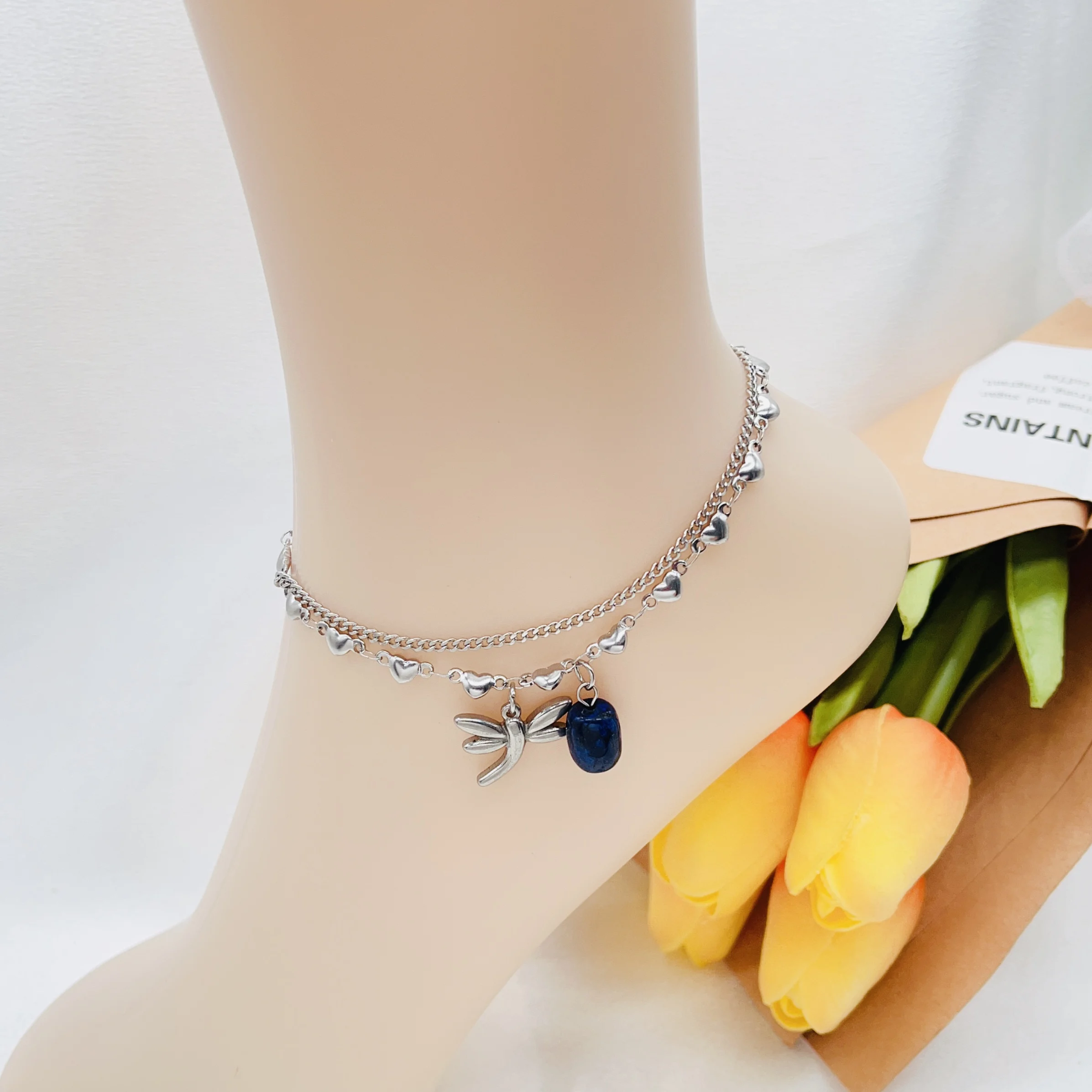 HC Factory Wholesale Stainless steel Women Double Layer Bee Anklet Crystal Anklet Beach Ankle Brand Nail Foot Chain Jewelry