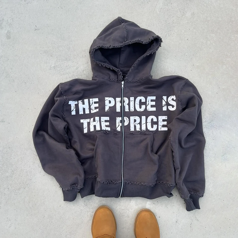 Manufacturer Customized High Quality Screen Printing Streetwear Distressed Zip Up Hoodie