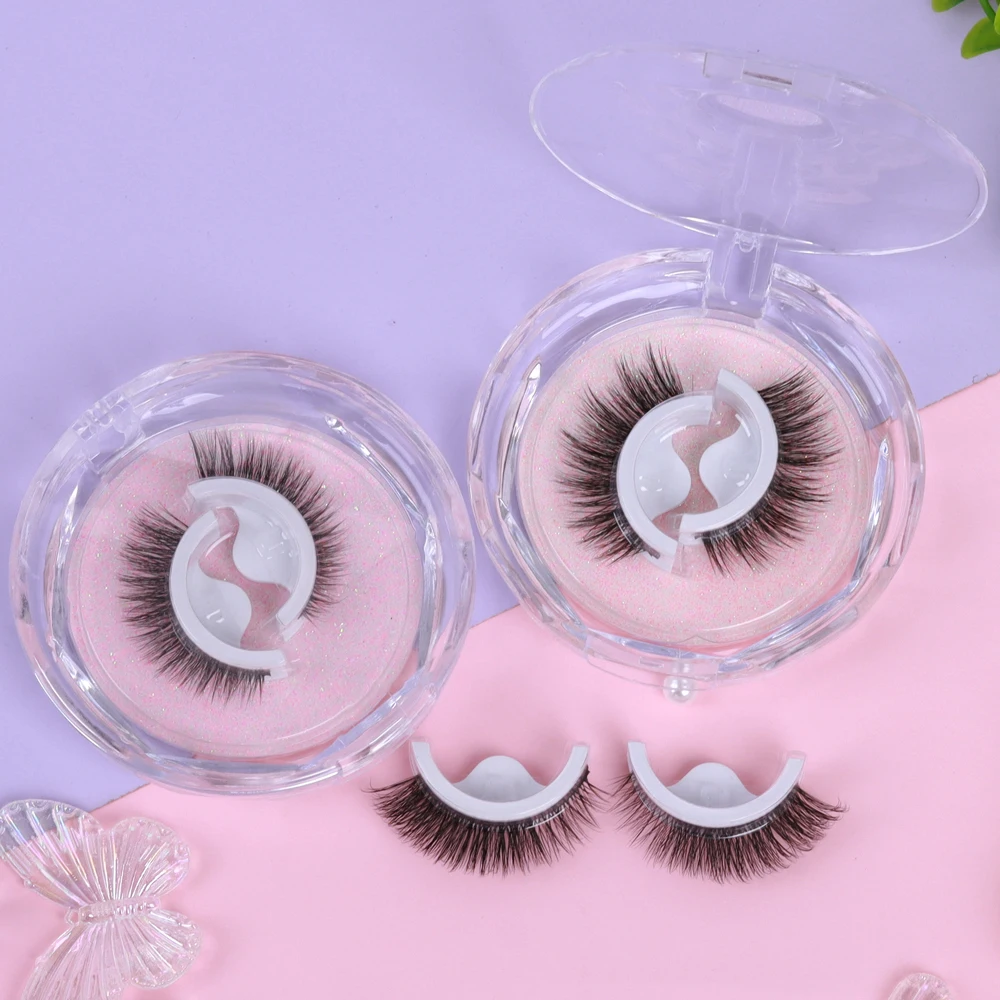 Private Label Lash Supplies Strip Lashes Round Box Reusable No Glue Self Adhesive Eyelashes