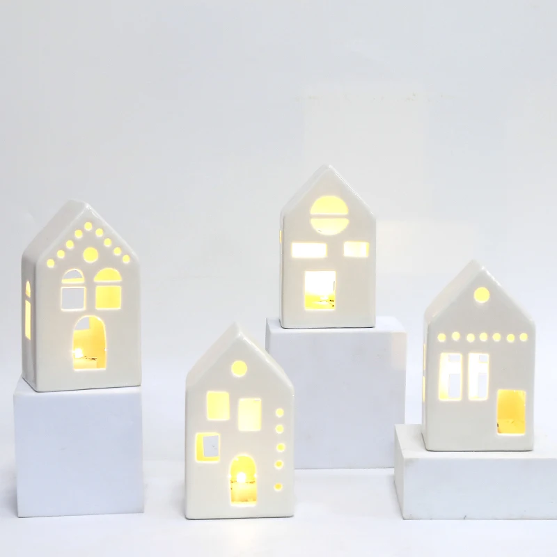 Factory wholesale ceramic classic pure white glitter christmas village house with LED lights