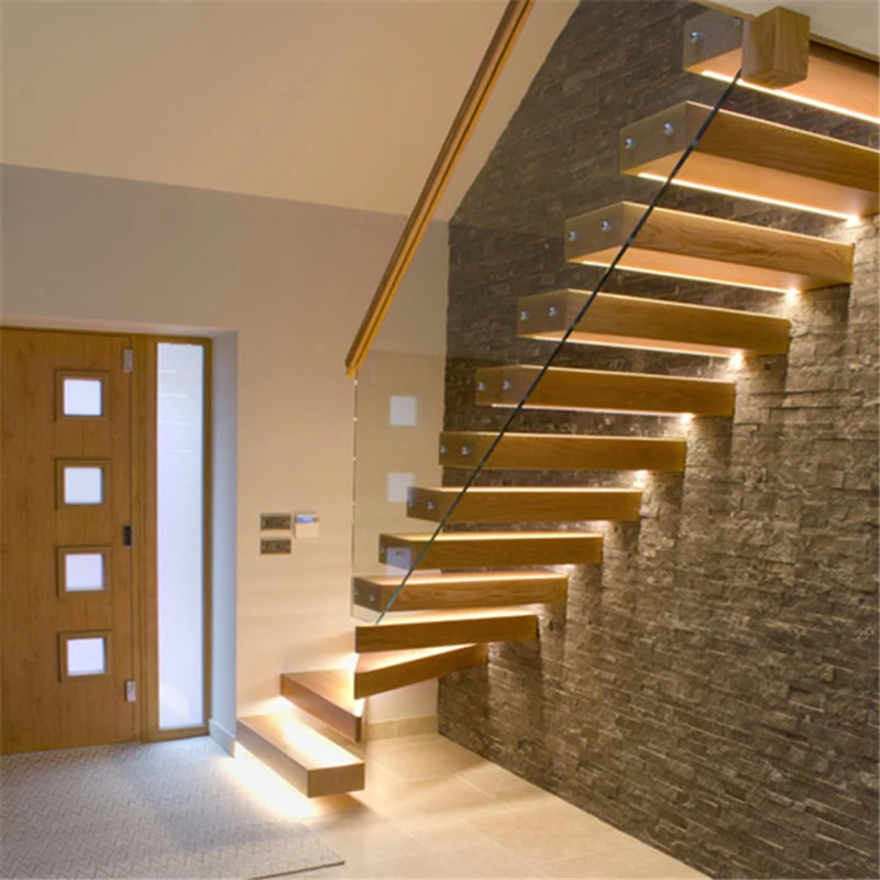 CBMmart American Standard Wood Treads Indoor Stair with Led Lights Glass Railings Floating Stairs