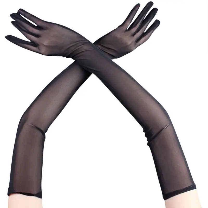 55cm Sexy Lace Thin Black Hollow Transparent Long Gloves Soft Breathable Solid Net Yarn Women Man Performance Party gloves