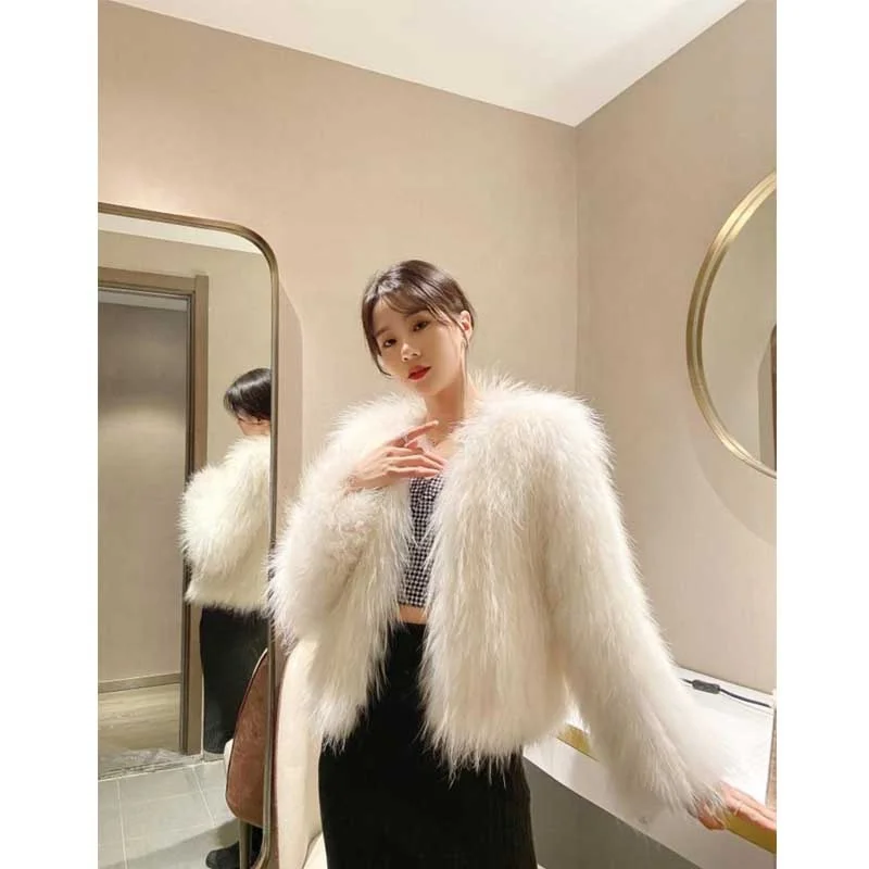 wholesale white color womens faux fur jacket slim fit fur coat