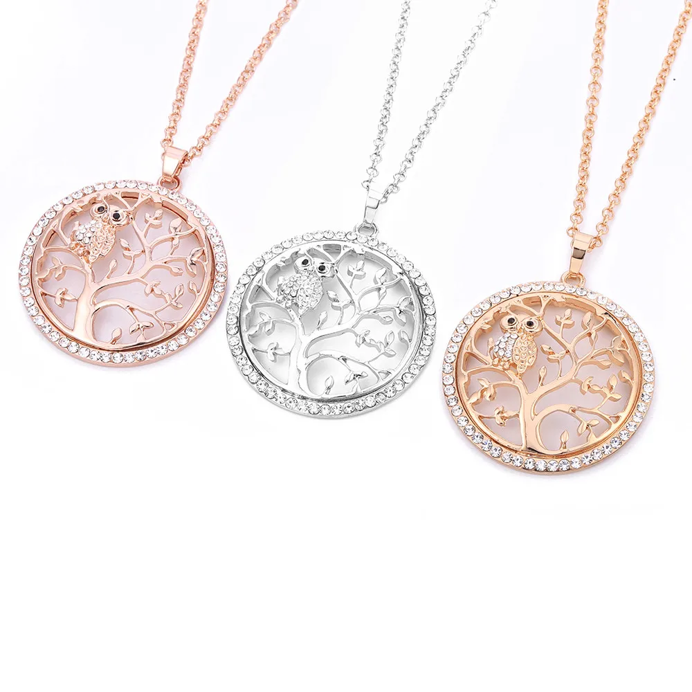 Factory Wholesale New Fashion Alloy Pendant Rhinestone Gold Rose Gold Tree Of Life Owl Necklace For Girls Gift