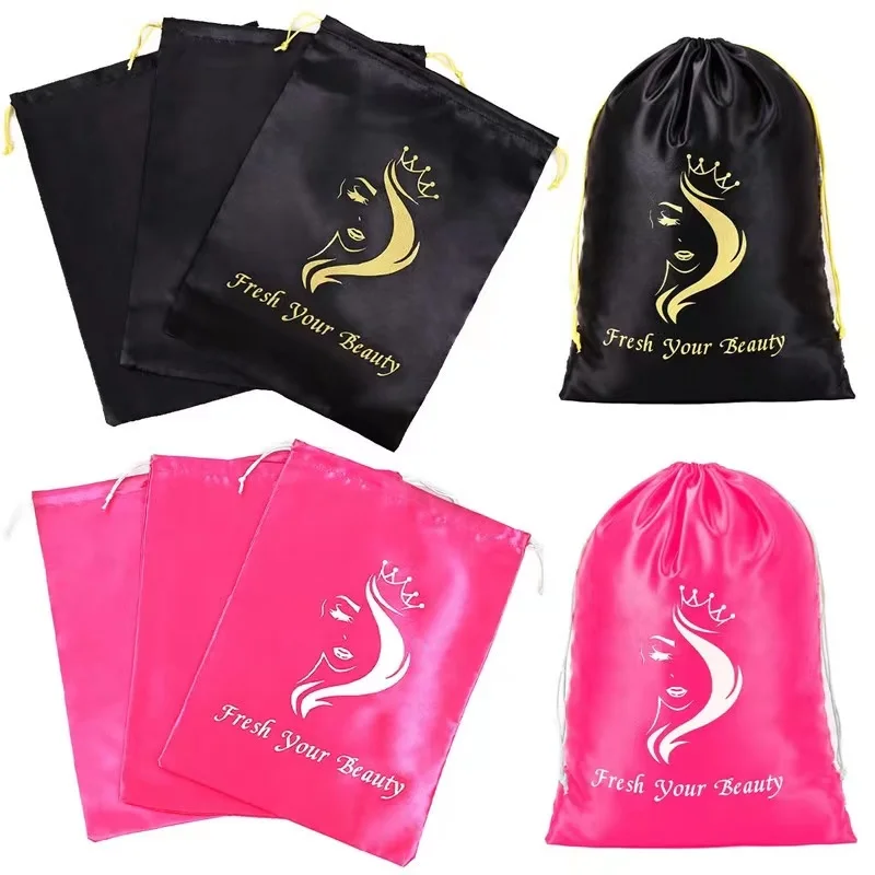 Custom Logo  Wig Bags Hair Bundles Satin Pink Bag Packaging  Drawstring Silk Satin Bag for Wigs