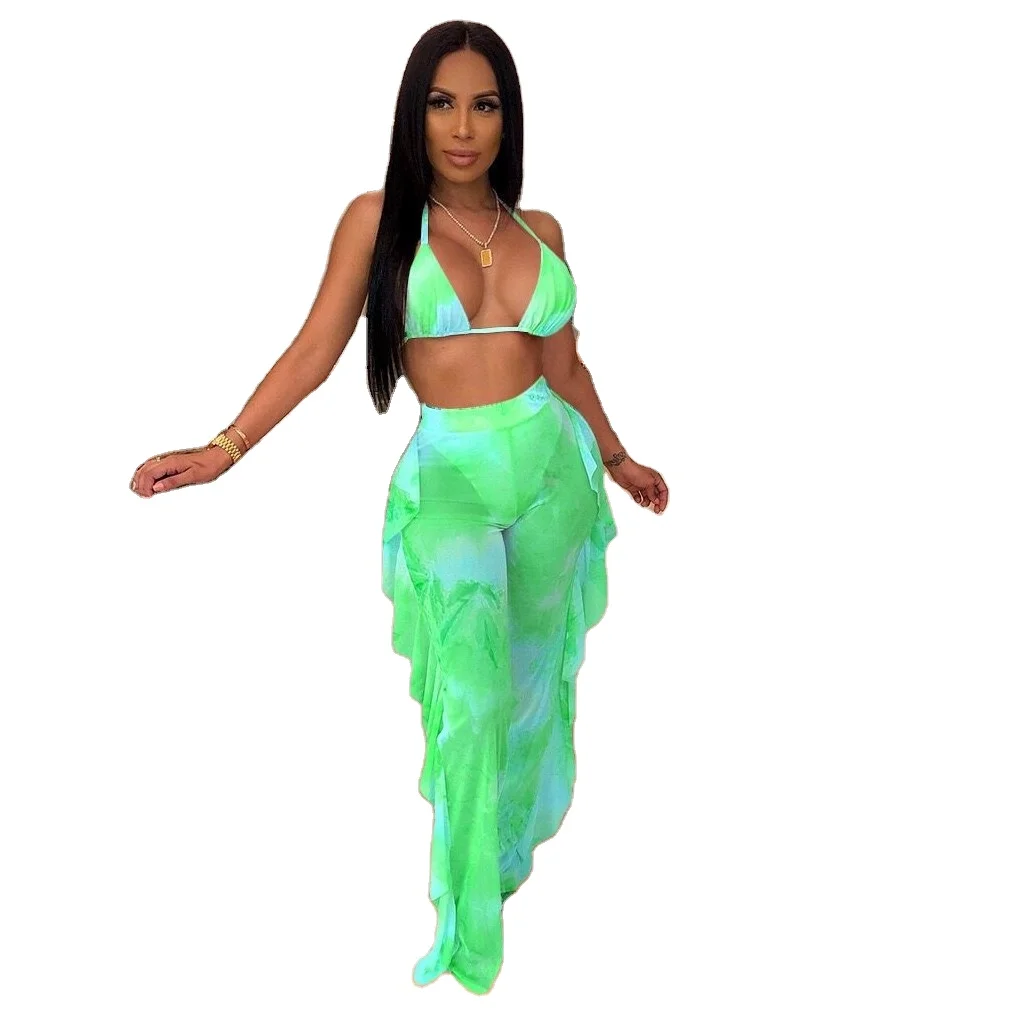 2021 Summer Wome Bikini Halter Sexy Swimsuits 2pcs Long Pant Bathing Suits High Waist Swimwear