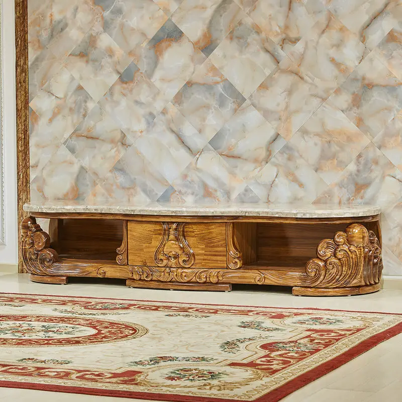 European-style wood coffee table TV cabinet natural marble solid wood carved tea table villa luxury furniture