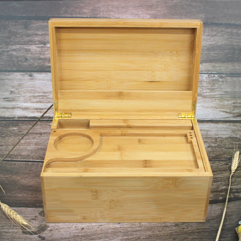 Bamboo custom logo portable natural wood stash box with tray
