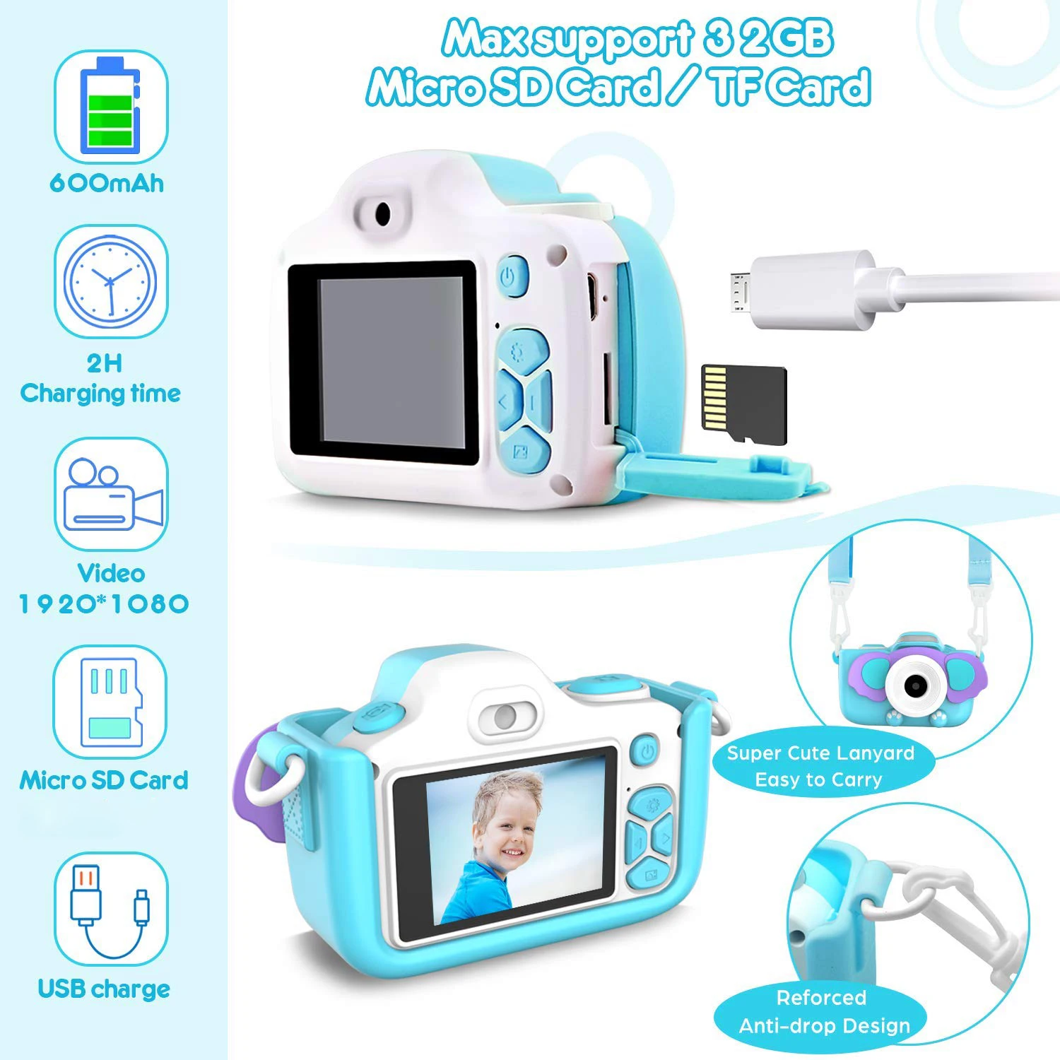 Factory Wholesale Children HD 1080 Toy Cartoon Mini Video Camera Kids Digital Video Camcorder