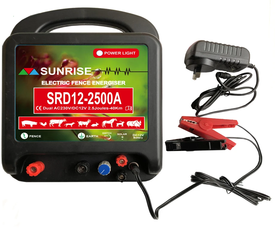 Solar and battery  and mains electric fence energizer for electric fence farm horse and sheep