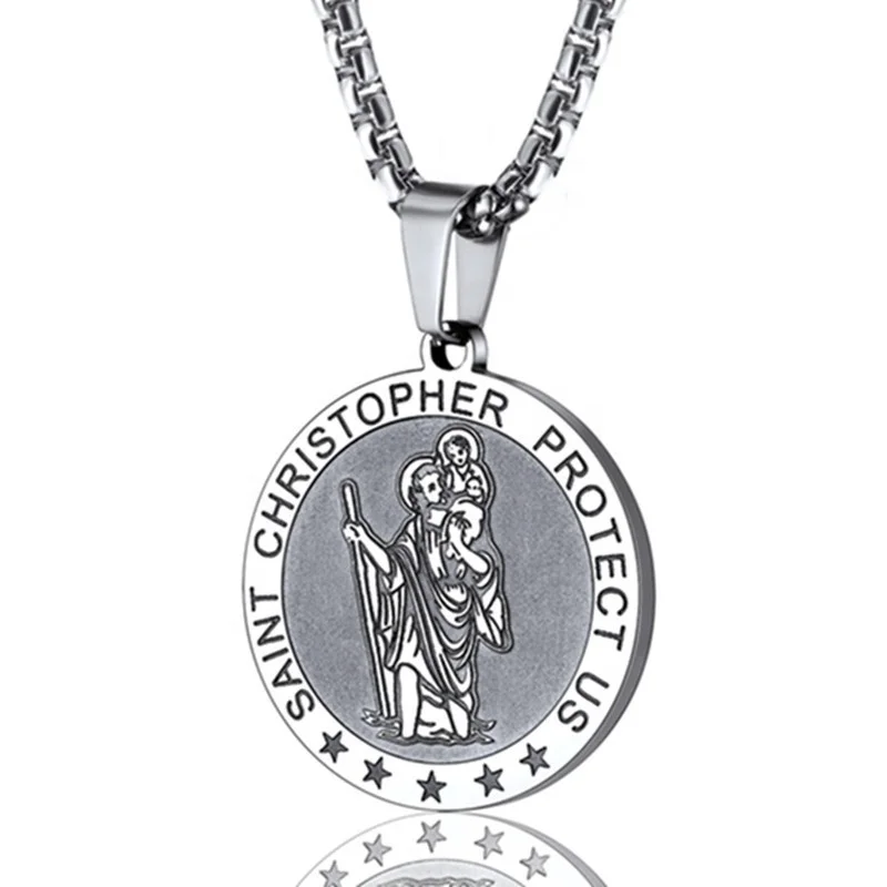 Saint Christopher Protect Jewelry Silver Gold Black Stainless Steel Medal Pendant Men Necklace