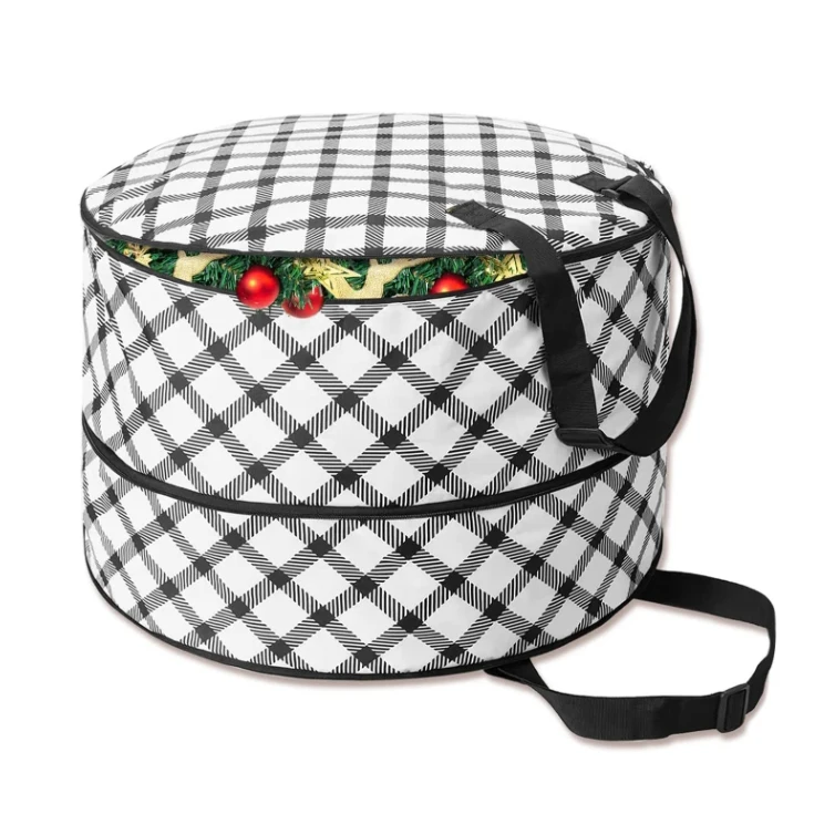 Round Buffalo Plaid Wreath Storage Containers Sturdy Oxford Christmas Wreath Storage Bag With Zipper And Handles